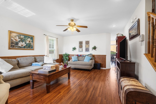 120 Deer Run Rd, Branson, MO 65616 - living area with a ceiling fan, dark wood-style flooring, and wainscoting