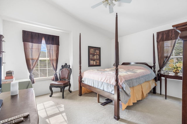 120 Deer Run Rd, Branson, MO 65616 - bedroom featuring multiple windows, light colored carpet, lofted ceiling, a ceiling fan, and baseboards