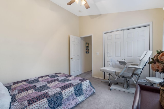 120 Deer Run Rd, Branson, MO 65616 - carpeted bedroom with vaulted ceiling, a closet, a ceiling fan, and baseboards