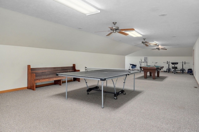 5473 N State Highway 125, Strafford, MO 65757 - game room featuring carpet floors, vaulted ceiling, billiards table, baseboards, and ceiling fan