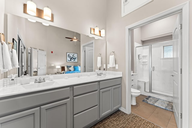 200 Majestic Dr # 423, Branson, MO 65616 - full bathroom featuring double vanity, toilet, a shower stall, ceiling fan, and tile patterned floors