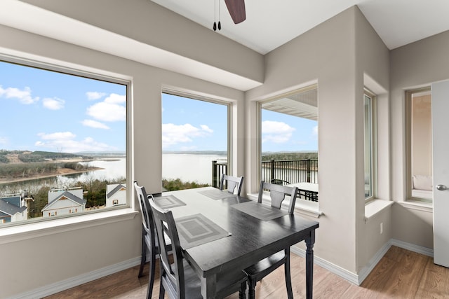 200 Majestic Dr # 423, Branson, MO 65616 - dining room featuring a water view, a ceiling fan, light wood finished floors, and baseboards
