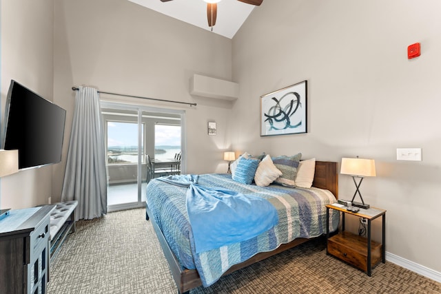 200 Majestic Dr # 423, Branson, MO 65616 - bedroom featuring access to outside, high vaulted ceiling, a ceiling fan, baseboards, and a water view
