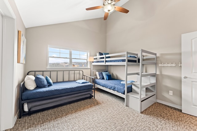 200 Majestic Dr # 423, Branson, MO 65616 - bedroom featuring carpet flooring, high vaulted ceiling, baseboards, and a ceiling fan