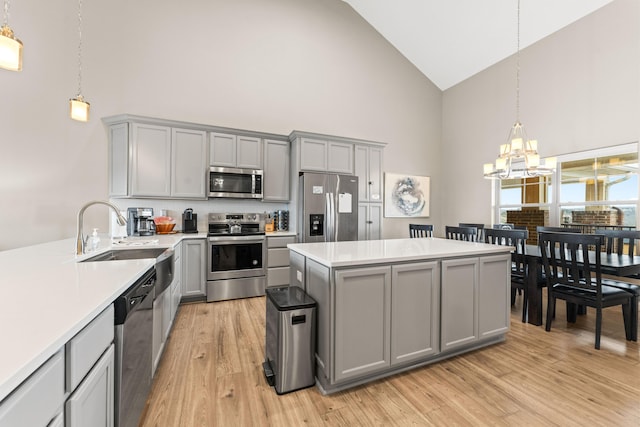 200 Majestic Dr # 423, Branson, MO 65616 - kitchen with appliances with stainless steel finishes, high vaulted ceiling, gray cabinetry, a sink, and a chandelier