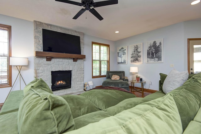 5052 E Cherry Pl, Springfield, MO 65809 - living room with ceiling fan, baseboards, a fireplace, wood finished floors, and recessed lighting