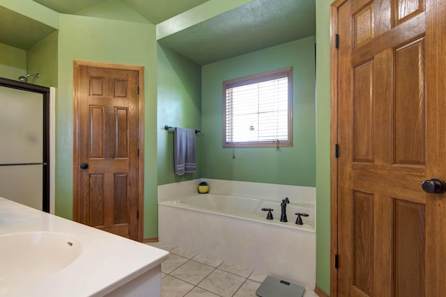 5052 E Cherry Pl, Springfield, MO 65809 - bathroom with a bath, vanity, tile patterned floors, and an enclosed shower