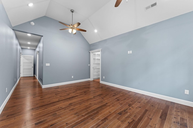 680 Highpoints Rdg, Branson, MO 65616 - empty room featuring a ceiling fan, dark wood-type flooring, baseboards, high vaulted ceiling, and recessed lighting