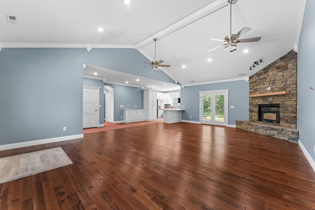 680 Highpoints Rdg, Branson, MO 65616 - unfurnished living room featuring ceiling fan, wood finished floors, baseboards, a stone fireplace, and ornamental molding