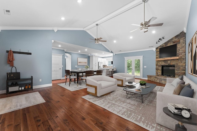 680 Highpoints Rdg, Branson, MO 65616 - living room with ceiling fan, wood finished floors, ornamental molding, a fireplace, and recessed lighting
