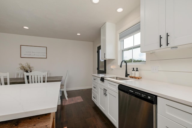 777 S Elm St, Marshfield, MO 65706 - kitchen with stainless steel dishwasher, dark wood-style flooring, recessed lighting, white cabinets, and light stone countertops