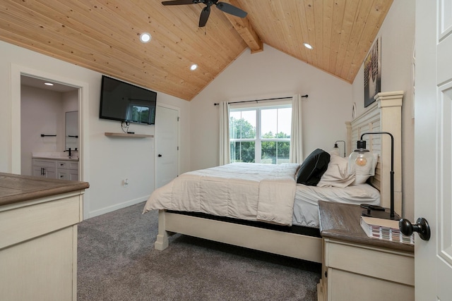 777 S Elm St, Marshfield, MO 65706 - bedroom featuring wooden ceiling, recessed lighting, carpet, connected bathroom, and ceiling fan