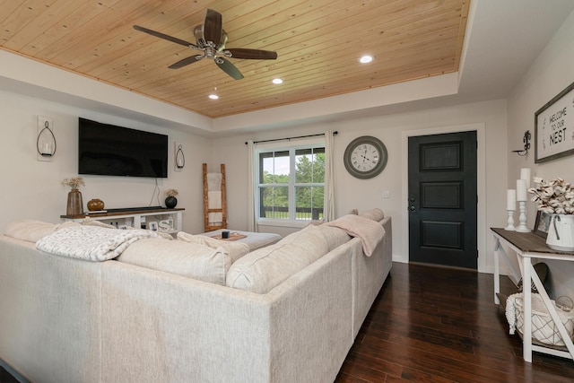 777 S Elm St, Marshfield, MO 65706 - living area featuring wooden ceiling, a raised ceiling, dark wood-style floors, a ceiling fan, and recessed lighting