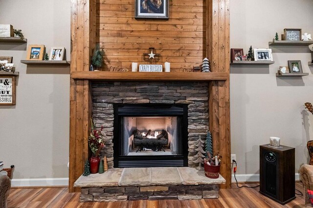 6 Glory Ln, Blue Eye, MO 65611 - detailed view of baseboards, wood finished floors, and a fireplace