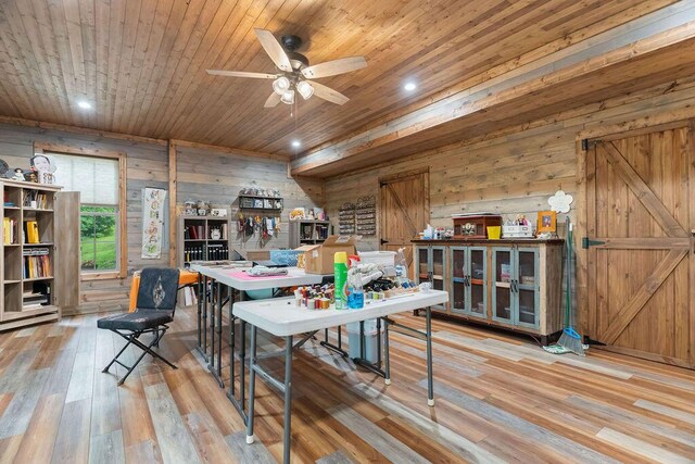6 Glory Ln, Blue Eye, MO 65611 - office area with wooden ceiling, wood walls, wood finished floors, ceiling fan, and recessed lighting