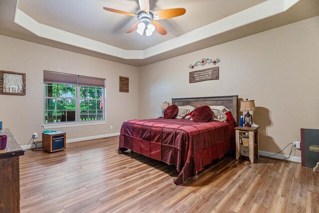 6 Glory Ln, Blue Eye, MO 65611 - bedroom with a raised ceiling, light wood-style flooring, baseboards, and ceiling fan