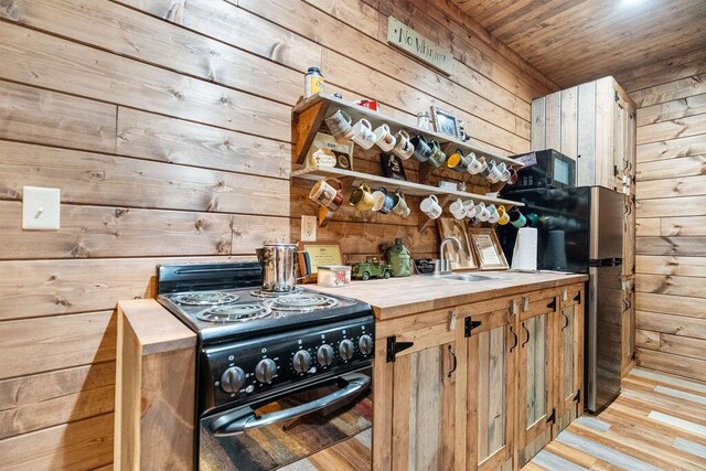 6 Glory Ln, Blue Eye, MO 65611 - kitchen featuring black electric range, wood walls, a sink, wood counters, and light wood-style flooring
