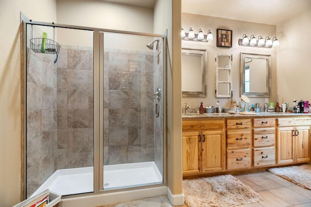 6 Glory Ln, Blue Eye, MO 65611 - bathroom featuring a shower stall, double vanity, and tile patterned floors
