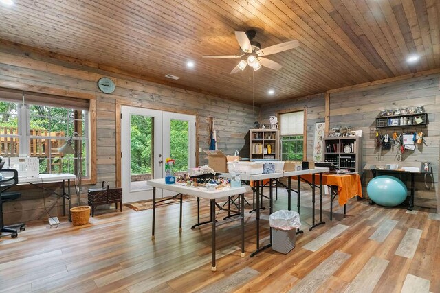 6 Glory Ln, Blue Eye, MO 65611 - home office with wood ceiling, ceiling fan, wood finished floors, wood walls, and french doors