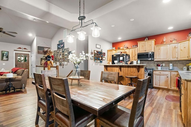 6 Glory Ln, Blue Eye, MO 65611 - dining room featuring light wood-style floors, a ceiling fan, recessed lighting, and lofted ceiling