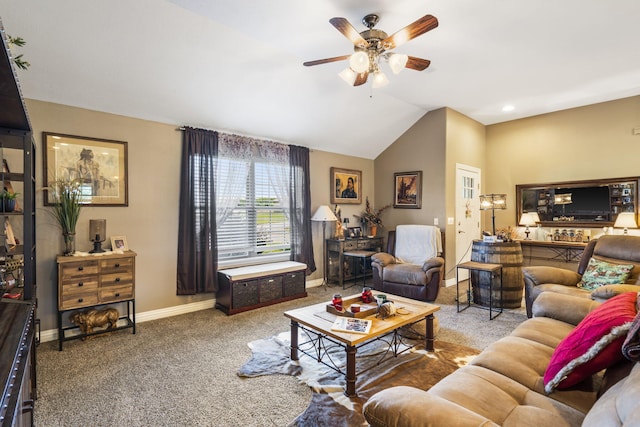 22 Kinder Ln, Rogersville, MO 65742 - living area featuring a ceiling fan, carpet flooring, baseboards, and vaulted ceiling