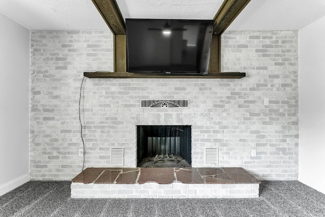 32 State Road F, Buffalo, MO 65622 - detailed view of carpet floors, baseboards, a fireplace, and a textured ceiling