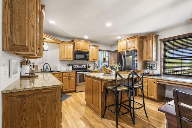 1427 W Missouri St, Buffalo, MO 65622 - kitchen featuring electric range, fridge with ice dispenser, black microwave, a sink, and light wood-style flooring