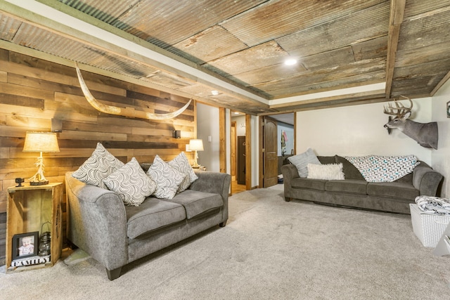 1427 W Missouri St, Buffalo, MO 65622 - living area featuring carpet floors, wood walls, and wood ceiling