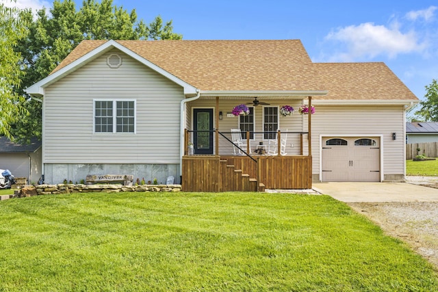 1427 W Missouri St, Buffalo, MO 65622 - view of front facade with driveway, an attached garage, a porch, a front lawn, and a shingled roof