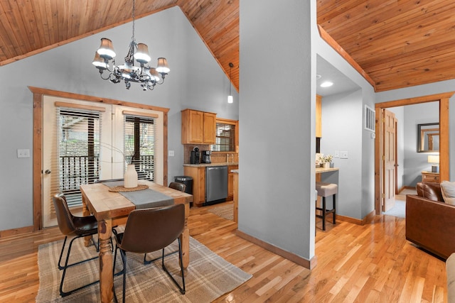 41 Stepping Stone Way Unit 55, Branson West, MO 65737 - dining area featuring wooden ceiling, a chandelier, light wood finished floors, baseboards, and high vaulted ceiling