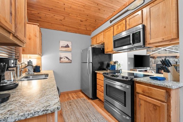 41 Stepping Stone Way Unit 55, Branson West, MO 65737 - kitchen featuring appliances with stainless steel finishes, a sink, lofted ceiling, light wood-style flooring, and wood ceiling
