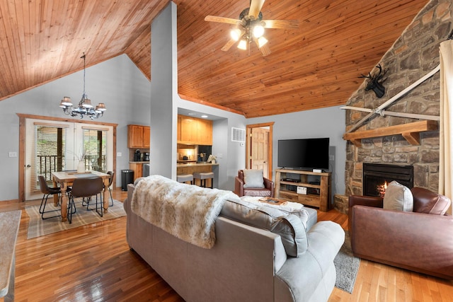 41 Stepping Stone Way Unit 55, Branson West, MO 65737 - living area with wood ceiling, high vaulted ceiling, a chandelier, ceiling fan, and a fireplace