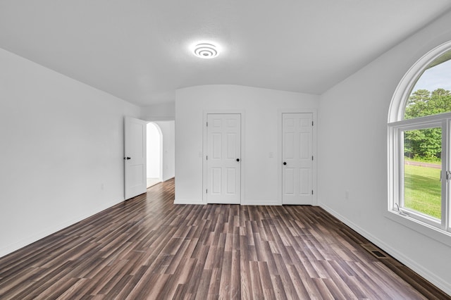 875-883 State Route T, West Plains, MO 65775 - unfurnished bedroom featuring multiple windows, vaulted ceiling, dark wood-style flooring, baseboards, and arched walkways