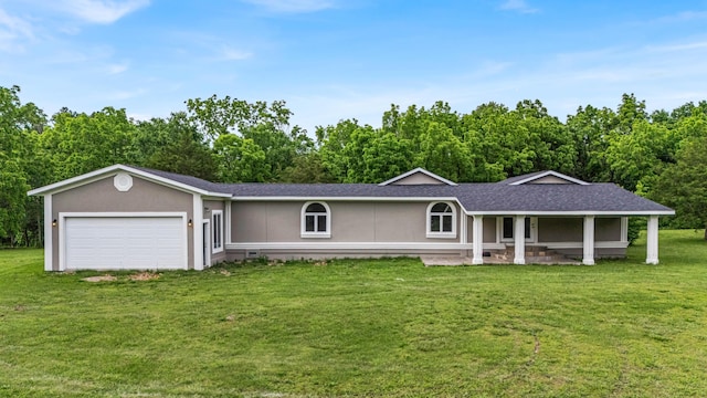 875-883 State Route T, West Plains, MO 65775 - single story home featuring a porch, a front yard, an attached garage, roof with shingles, and stucco siding
