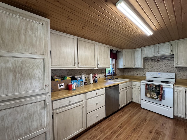10623 State Highway O, Ava, MO 65608 - kitchen featuring white electric range, stainless steel dishwasher, a sink, wood ceiling, and light countertops