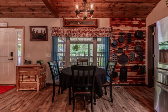1501 NE 775th Rd, Osceola, MO 64776 - dining space with wood ceiling, wood finished floors, lofted ceiling, and a chandelier