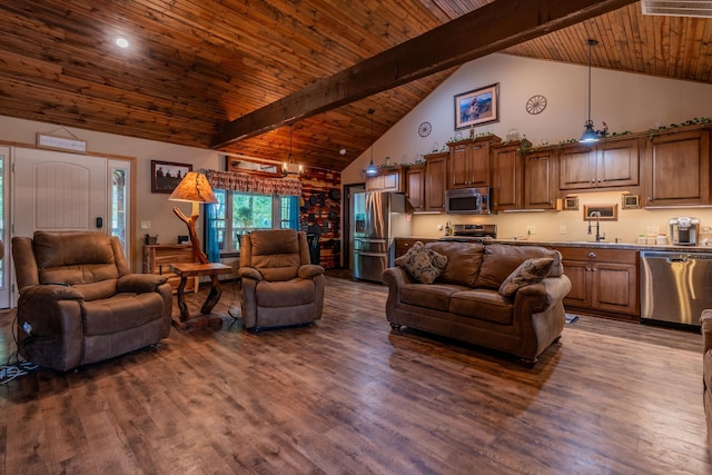 1501 NE 775th Rd, Osceola, MO 64776 - living room with high vaulted ceiling, dark wood-style floors, and wood ceiling with exposed beams