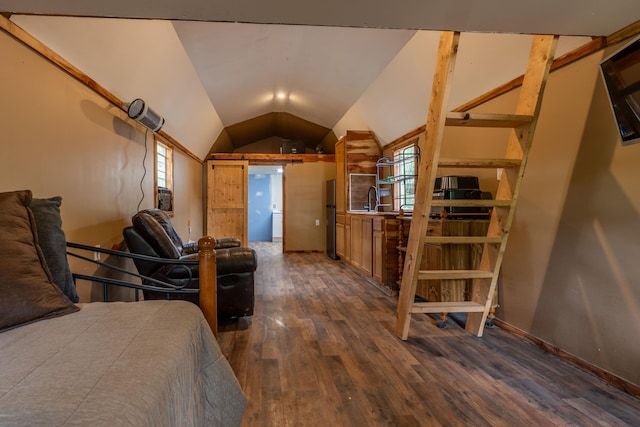 1501 NE 775th Rd, Osceola, MO 64776 - bedroom featuring dark wood finished floors, vaulted ceiling, multiple windows, a sink, and freestanding refrigerator