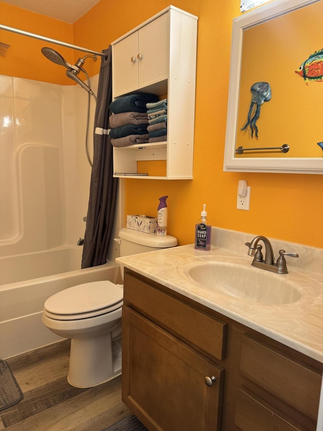 3600 Steven Dr, Cabool, MO 65689 - bathroom with wood finished floors, vanity, toilet, and shower / bathtub combination with curtain