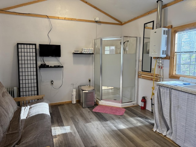000 Steven Dr, Cabool, MO 65689 - bathroom featuring wood finished floors, water heater, a stall shower, lofted ceiling, and radiator