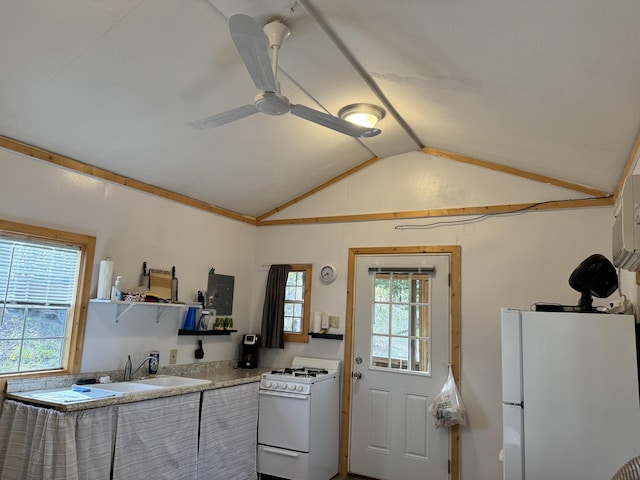 000 Steven Dr, Cabool, MO 65689 - kitchen featuring white appliances, a sink, vaulted ceiling, a ceiling fan, and open shelves