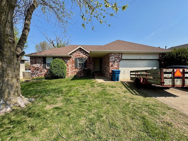 617 E SE Hills Ct, Nixa, MO 65714 - ranch-style home with a garage, brick siding, driveway, and a front lawn