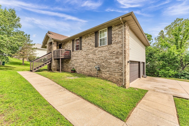 1108 E Robin St, Ozark, MO 65721 - view of property exterior featuring an attached garage, driveway, a lawn, brick siding, and stairway