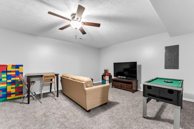 1108 E Robin St, Ozark, MO 65721 - living area featuring electric panel, carpet floors, a ceiling fan, baseboards, and a textured ceiling