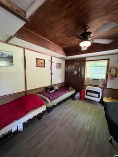 20001 Clear Lake Ter, Winona, MO 65588 - bedroom featuring wood finished floors, wooden ceiling, cooling unit, and ceiling fan