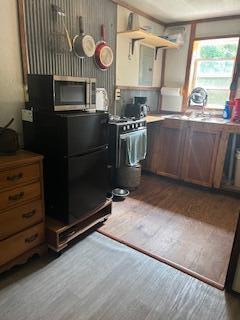 20001 Clear Lake Ter, Winona, MO 65588 - kitchen with freestanding refrigerator, stainless steel microwave, dark wood-style flooring, and a sink