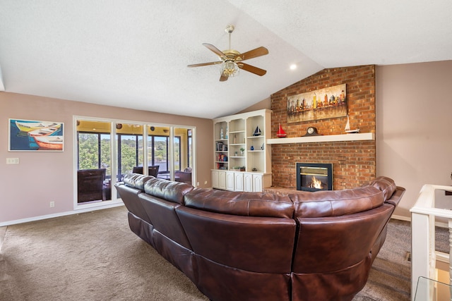 6 Cedar Ln, Kimberling City, MO 65686 - living area with carpet, a ceiling fan, baseboards, lofted ceiling, and a brick fireplace