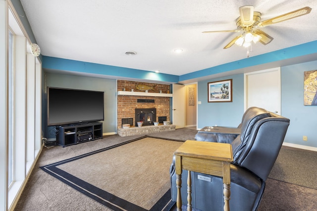 6 Cedar Ln, Kimberling City, MO 65686 - living room with carpet flooring, a ceiling fan, baseboards, and a brick fireplace