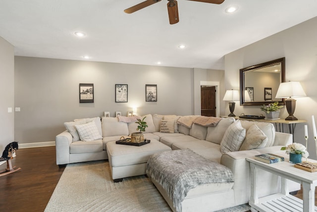 403 S 3rd St, Ozark, MO 65721 - living area with a ceiling fan, wood finished floors, baseboards, and recessed lighting