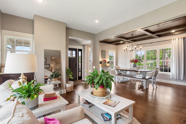 403 S 3rd St, Ozark, MO 65721 - living room featuring a chandelier, recessed lighting, wood finished floors, baseboards, and beam ceiling